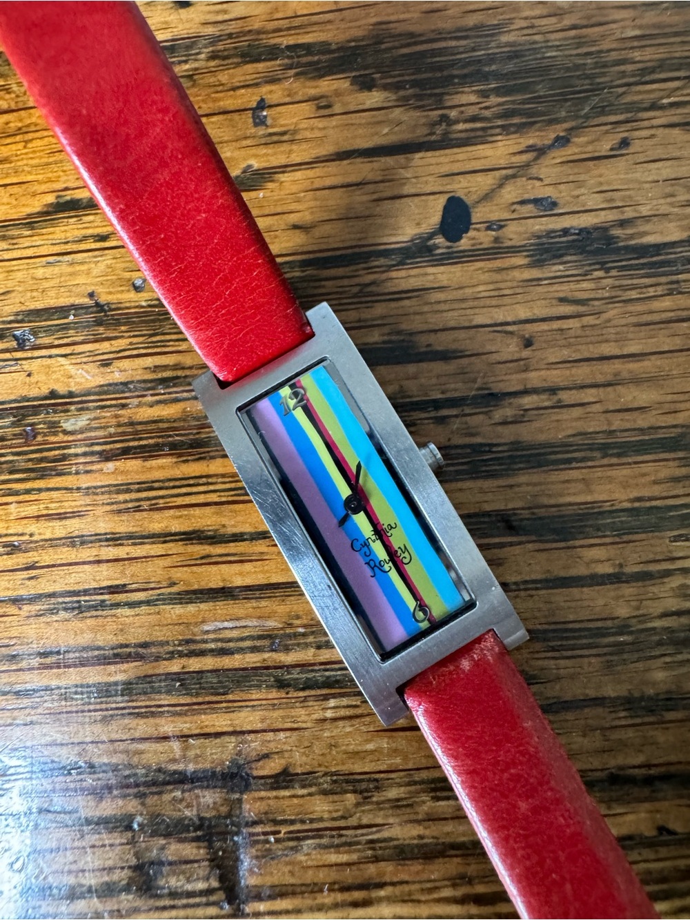 Cynthia Rowley Red Strap Rectangular Watch with Multicolor Stripe Face
